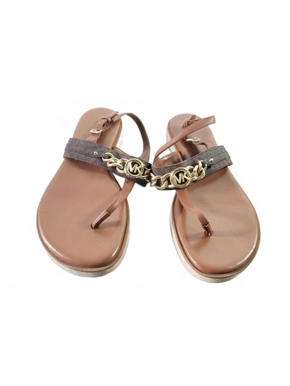 Michael Kors Womens Size 7M Brown Thong Sandals Leather Textile MK Logo